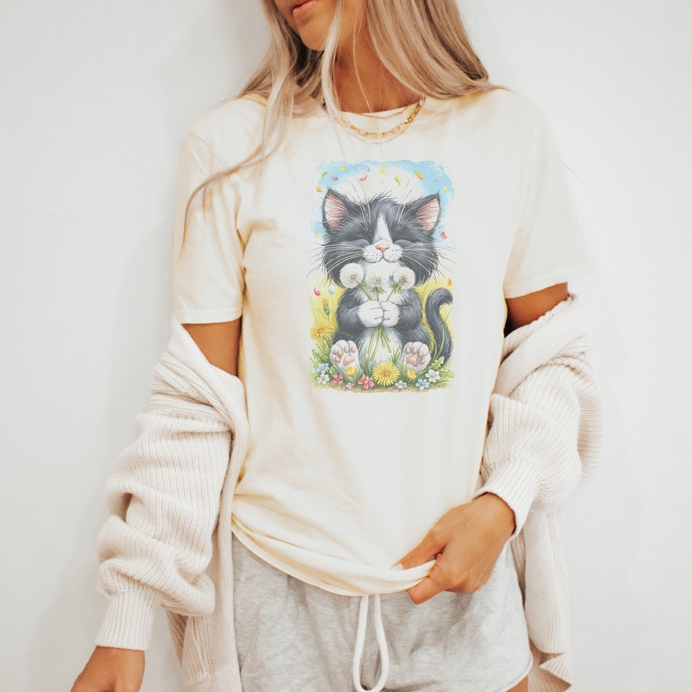 Whimsical Cat and Wildflowers Graphic Tee Watercolor Art